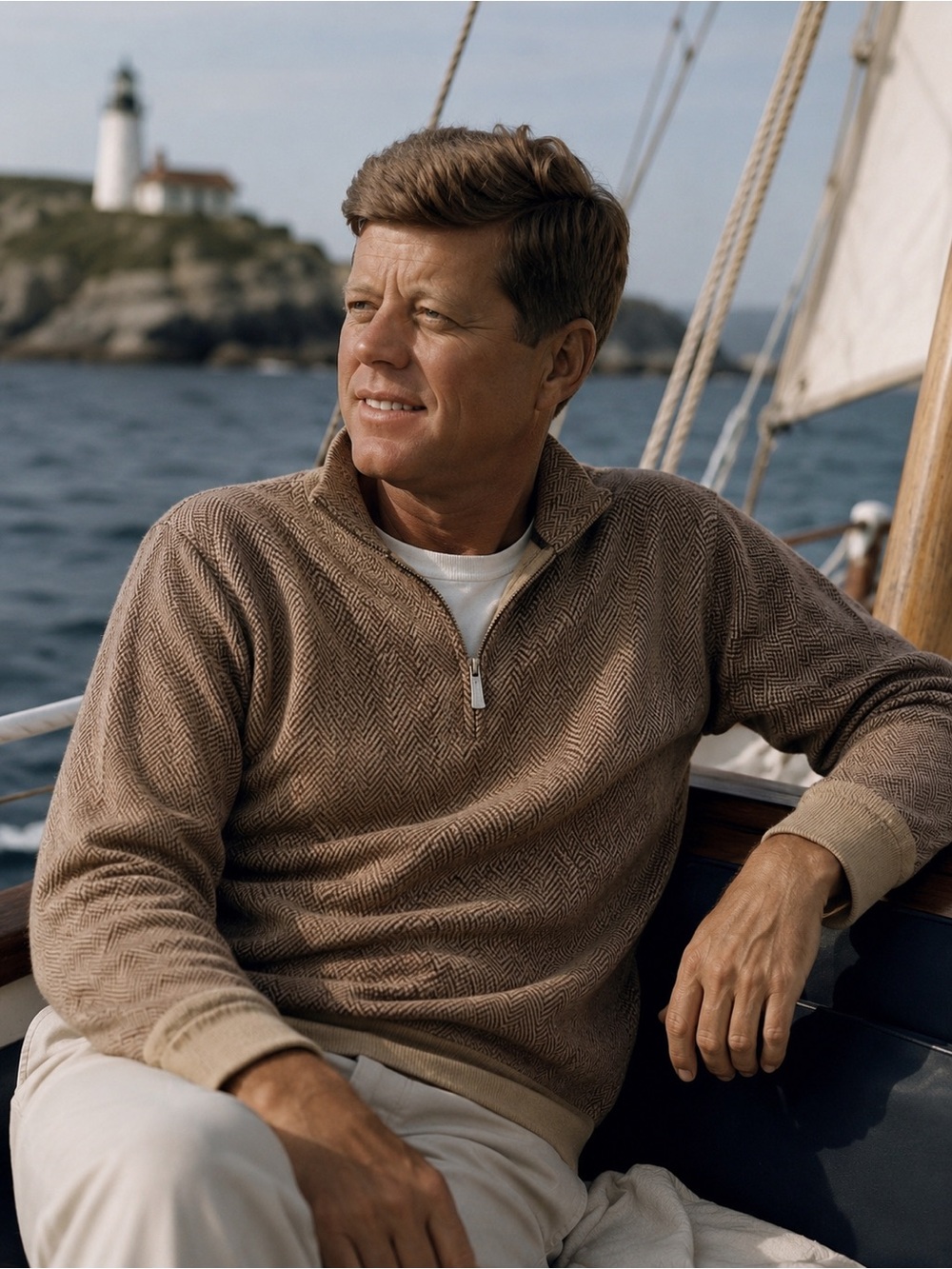 Lands' End Men's Tan/Brown Herringbone Half-Zip  Size M JFK Jr. New England